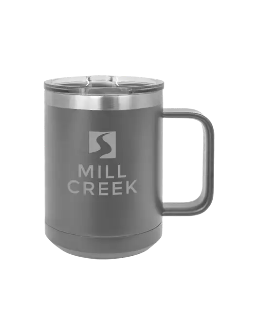 Polar Camel 15 oz Powder Coated Grey Vacuum Insulated Mug with Slider Lid w/Mill Creek Renewables Logo