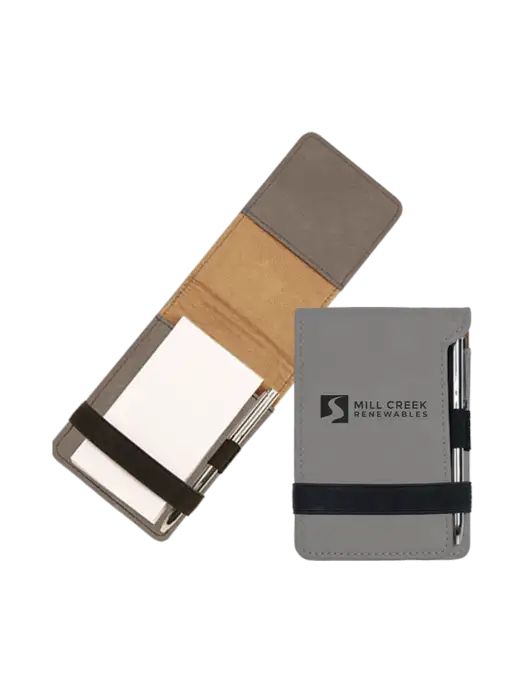 Grey Leatherette Mini Notepad with Pen,  3.25 x 4.75 w/Mill Creek Renewables Logo