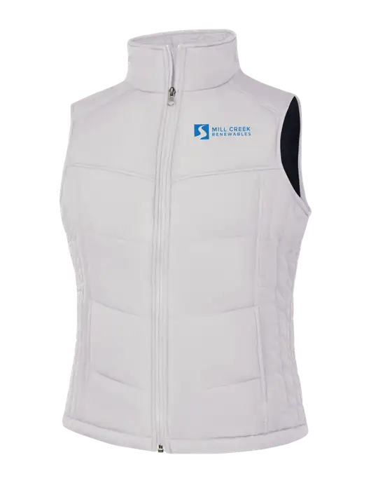 Womens White/Dark Slate Puffy Vest w/Mill Creek Renewables Logo