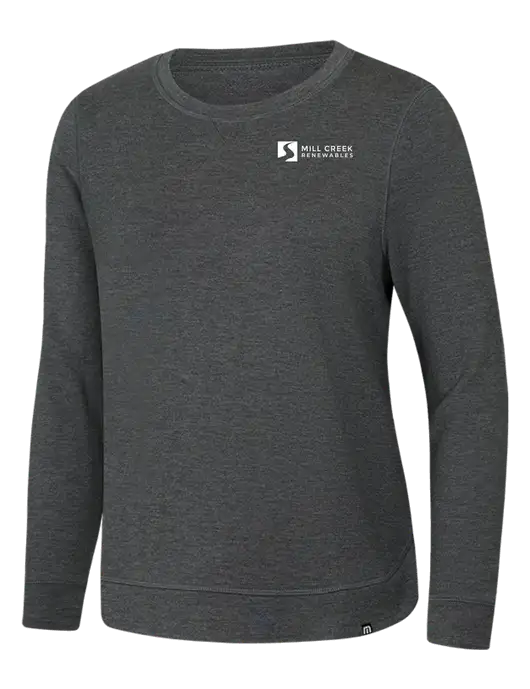 TravisMathew Womens Dark Grey Heather Lightweight Long Weekend Crew w/Mill Creek Renewables Logo
