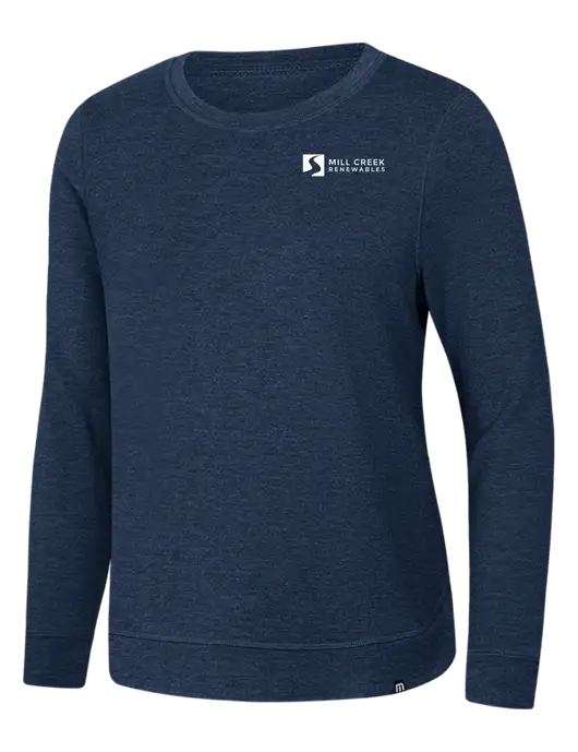 TravisMathew Womens Dark Slate Blue Heather Lightweight Long Weekend Crew w/Mill Creek Renewables Logo