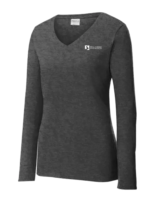 Womens  V-Neck Ring Spun Dark Heather Grey 4.5 oz Long Sleeve T-Shirt w/Mill Creek Renewables Logo