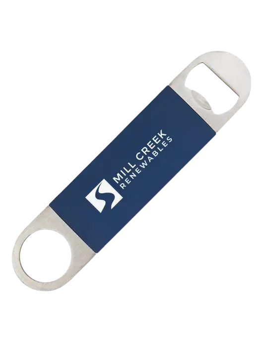 Navy Bottle Opener with Silicone Grip w/Mill Creek Renewables Logo