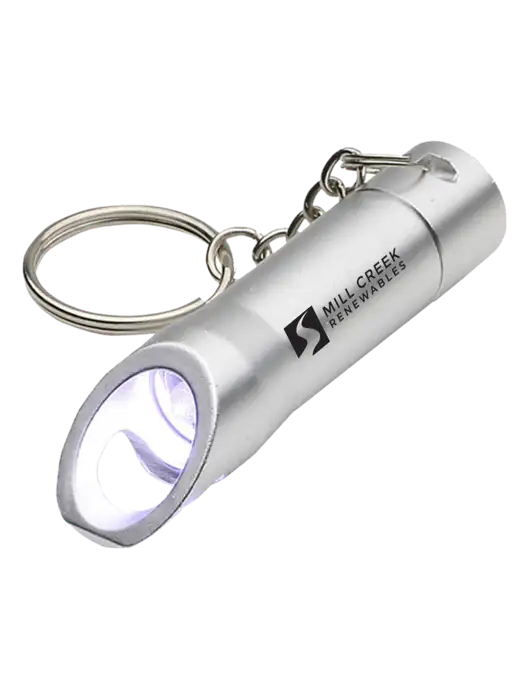 Silver Pocket LED Flashlight with Bottle Opener & Keychain w/Mill Creek Renewables Logo