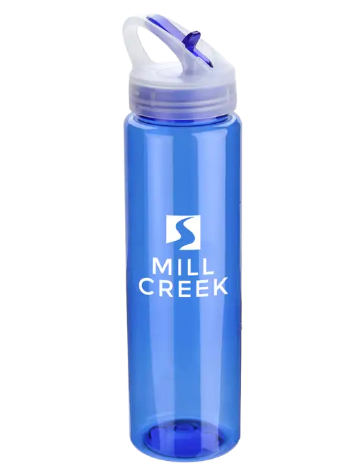 Buddy Blue 32 oz PET Bottle with Flip Lid w/Mill Creek Renewables Logo