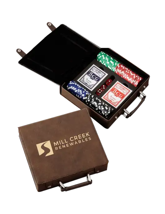 Rustic Leatherette 100 Chip Poker Set w/Mill Creek Renewables Logo
