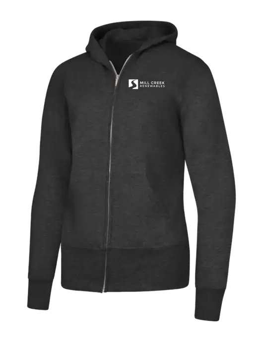 Dark Heather Grey Womens Core Fleece Full-Zip Hooded Sweatshirt w/Mill Creek Renewables Logo
