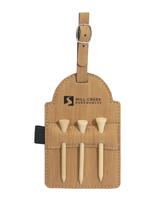 Bamboo Leatherette Golf Bag Tag with 3 Wooden Tees w/Mill Creek Renewables Logo