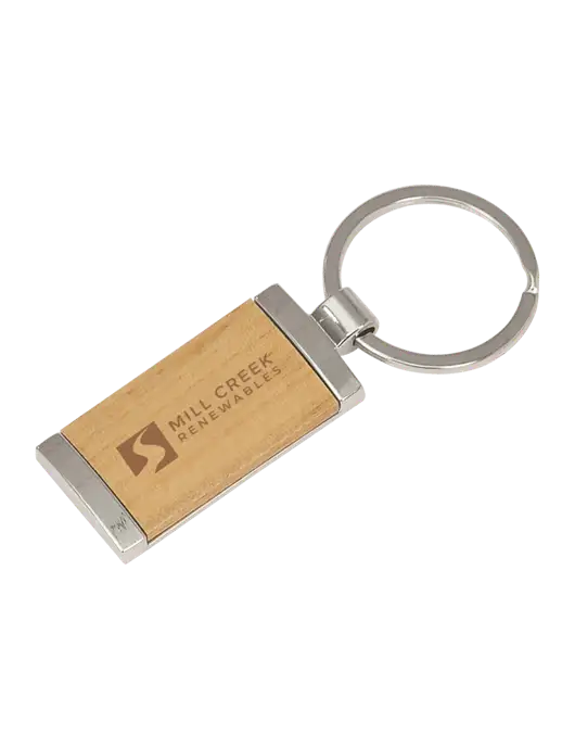 Wood & Silver Rectangle Keychain w/Mill Creek Renewables Logo