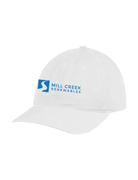 Garment Washed Unstructured Twill White Cap w/Mill Creek Renewables Logo