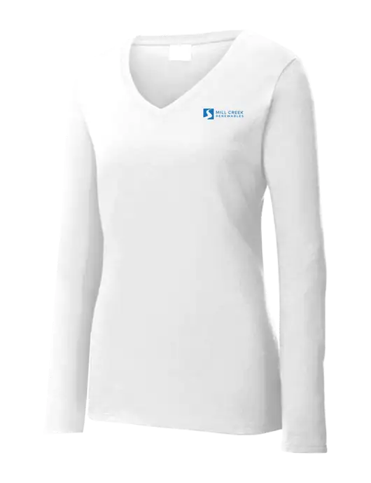 Womens  V-Neck Ring Spun White 4.5 oz Long Sleeve T-Shirt w/Mill Creek Renewables Logo