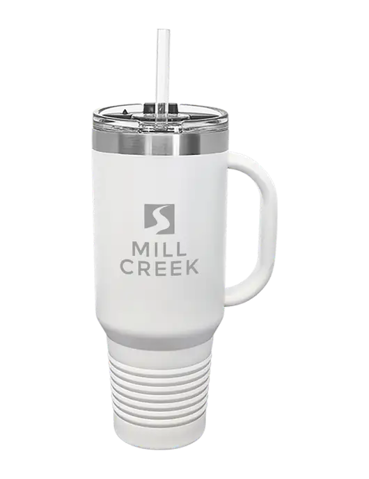 Polar Camel 40 oz. Powder Coated Vacuum Insulated White Travel Mug with Straw w/Mill Creek Renewables Logo