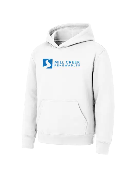 Youth White 7.8 oz Pullover Hooded Sweatshirt w/Mill Creek Renewables Logo