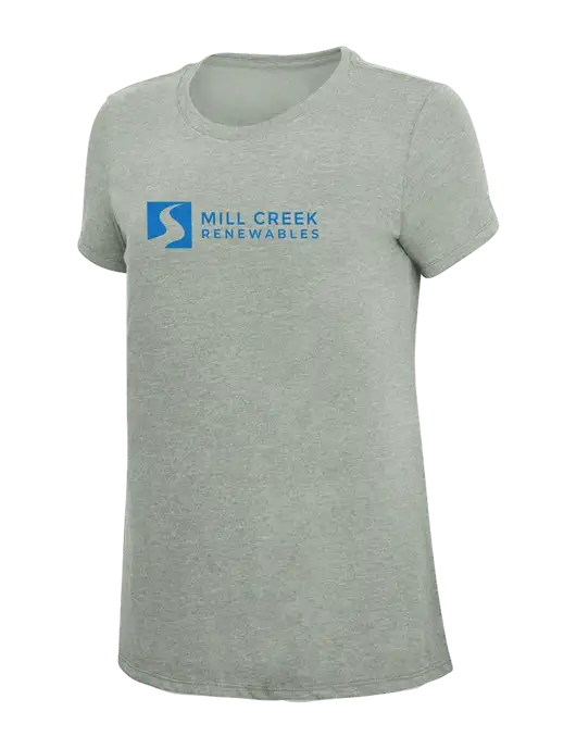 Womens Simply Soft Heathered Light Grey 4.5oz Poly/Combed Ring Spun Cotton T-Shirt w/Mill Creek Renewables Logo