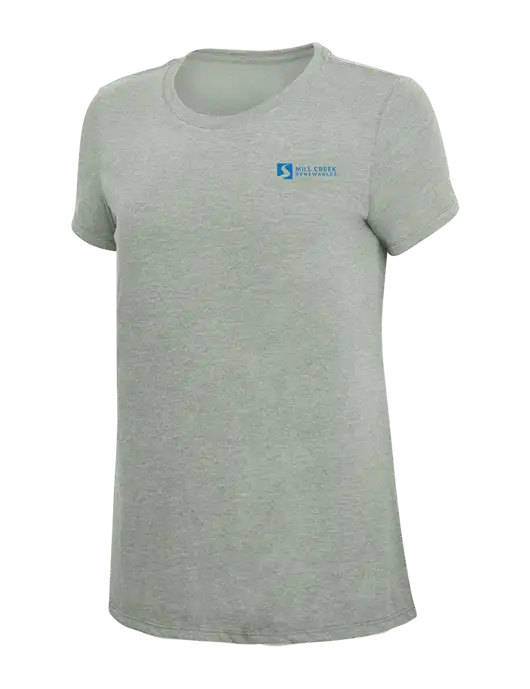 Womens Simply Soft Heathered Light Grey 4.5oz Poly/Combed Ring Spun Cotton T-Shirt w/Mill Creek Renewables Logo