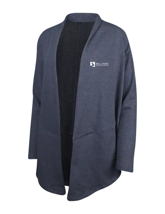 Estate Blue Heather/Charcoal Heather Womens Interlock Cardigan w/Mill Creek Renewables Logo