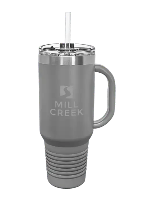 Polar Camel 40 oz. Powder Coated Vacuum Insulated Grey Travel Mug with Straw w/Mill Creek Renewables Logo