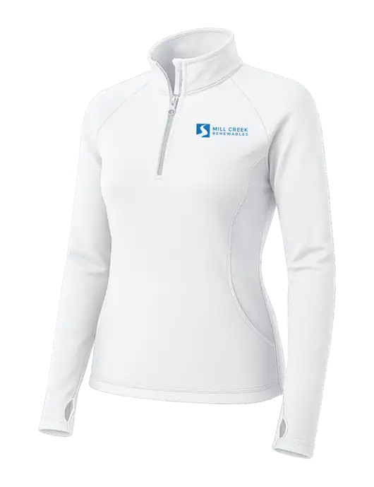 White Womens Sport Wick Stretch 1/4 Zip Pullover w/Mill Creek Renewables Logo