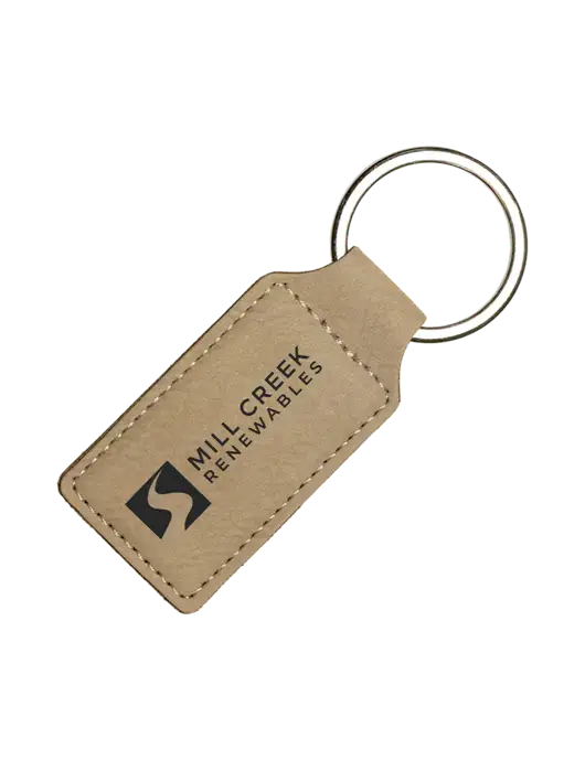 Tan Laserable Leatherette Rectangle Keychain w/Mill Creek Renewables Logo