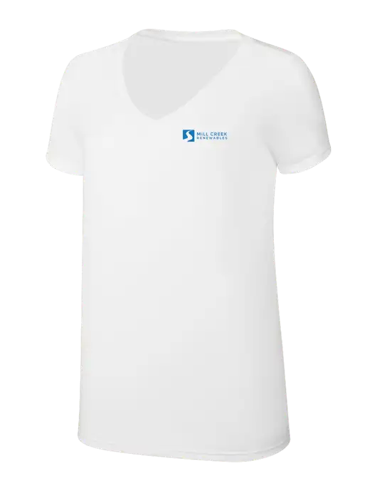 Womens Simply Soft V-Neck White 4.5oz  Poly/Combed Ring Spun Cotton T-Shirt w/Mill Creek Renewables Logo
