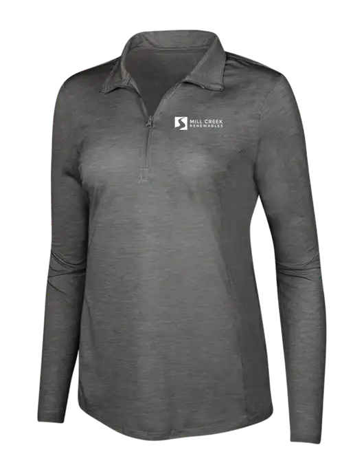 Dark Grey Heather Womens Posicharge Tri-Blend Wicking 1/4 Zip Pullover w/Mill Creek Renewables Logo