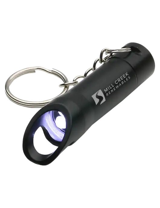 Black Pocket LED Flashlight with Bottle Opener & Keychain w/Mill Creek Renewables Logo