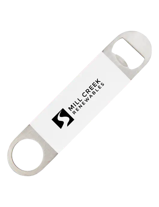 White Bottle Opener with Silicone Grip w/Mill Creek Renewables Logo