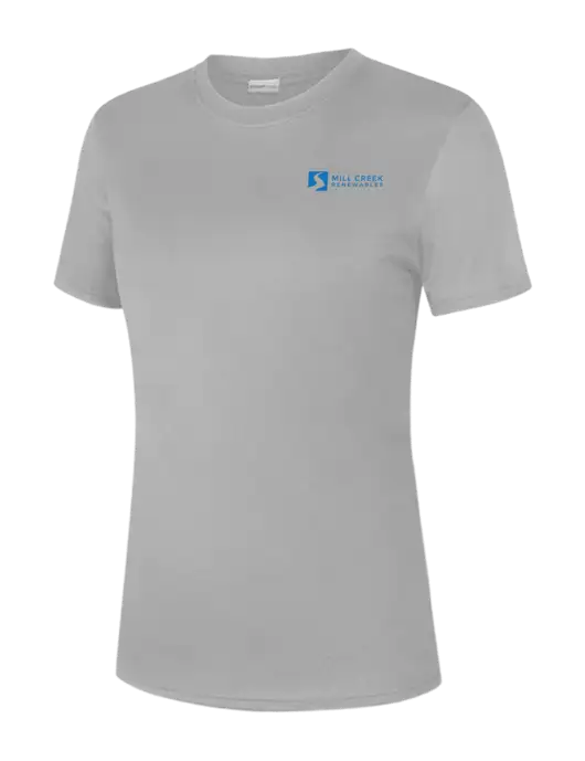  Womens Light Grey PosiCharge Competitor Tee w/Mill Creek Renewables Logo