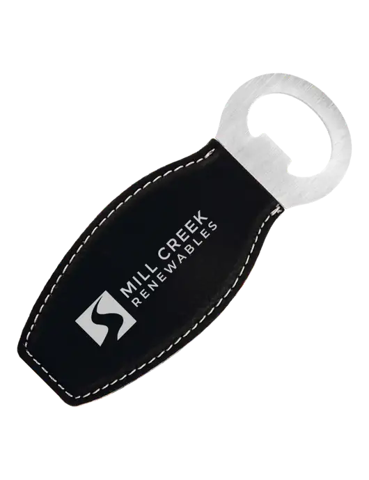 Black Leatherette Bottle Opener with Magnet w/Mill Creek Renewables Logo