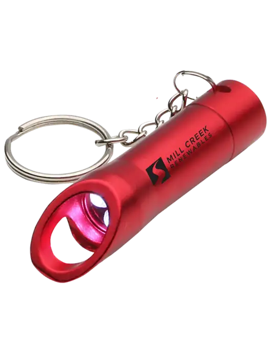 Red Pocket LED Flashlight with Bottle Opener & Keychain w/Mill Creek Renewables Logo