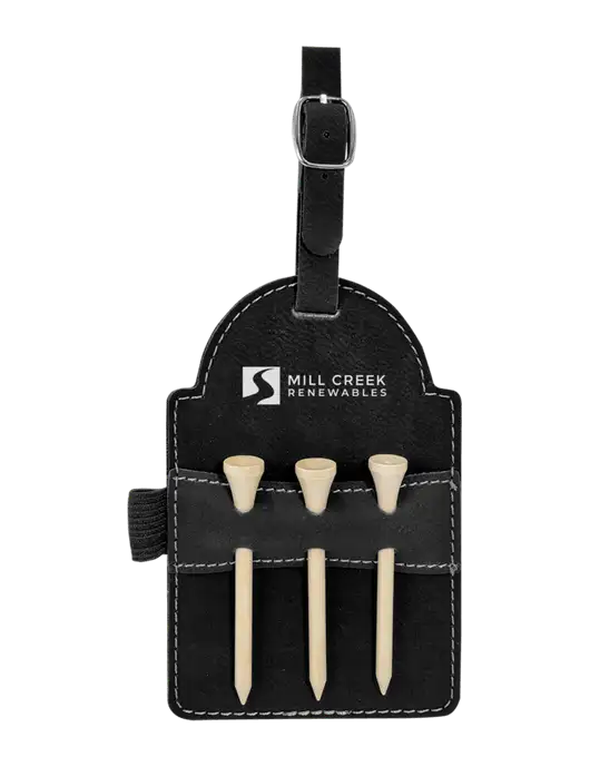 Black Leatherette Golf Bag Tag with 3 Wooden Tees w/Mill Creek Renewables Logo
