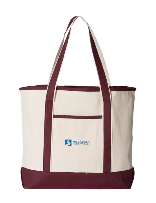 Natural/Maroon Large Canvas Deluxe Tote w/Mill Creek Renewables Logo