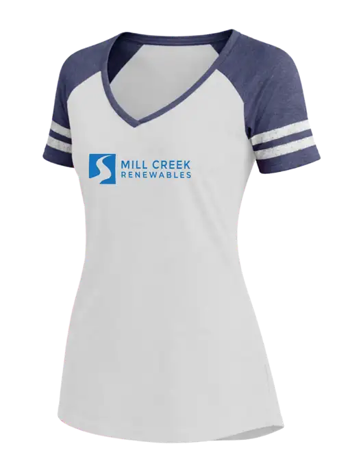 Womens White/Navy Heather V-Neck Game Tee w/Mill Creek Renewables Logo
