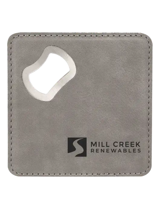 Grey Leatherette Coaster with Bottle Opener w/Mill Creek Renewables Logo