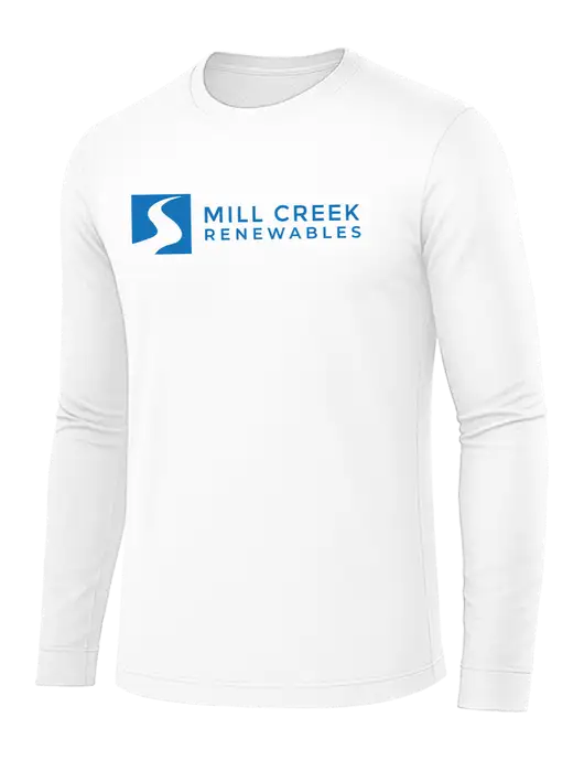 Long Sleeve White PosiCharge Competitor Tee w/Mill Creek Renewables Logo
