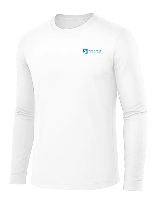 Long Sleeve White PosiCharge Competitor Tee w/Mill Creek Renewables Logo