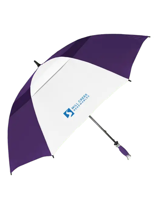 Purple/White Vented Typhoon Tamer Golf Umbrella w/Mill Creek Renewables Logo
