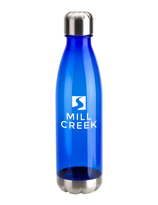 Bayside Tritan Blue 25 oz Bottle with Stainless Base and Cap w/Mill Creek Renewables Logo