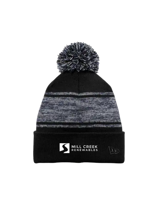 New Era Black/Navy Knit Chilled Pom Beanie w/Mill Creek Renewables Logo