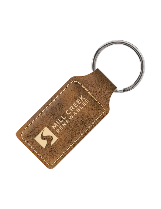 Rustic Laserable Leatherette Rectangle Keychain w/Mill Creek Renewables Logo