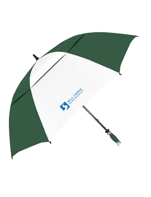 Dark Green/White Vented Typhoon Tamer Golf Umbrella w/Mill Creek Renewables Logo