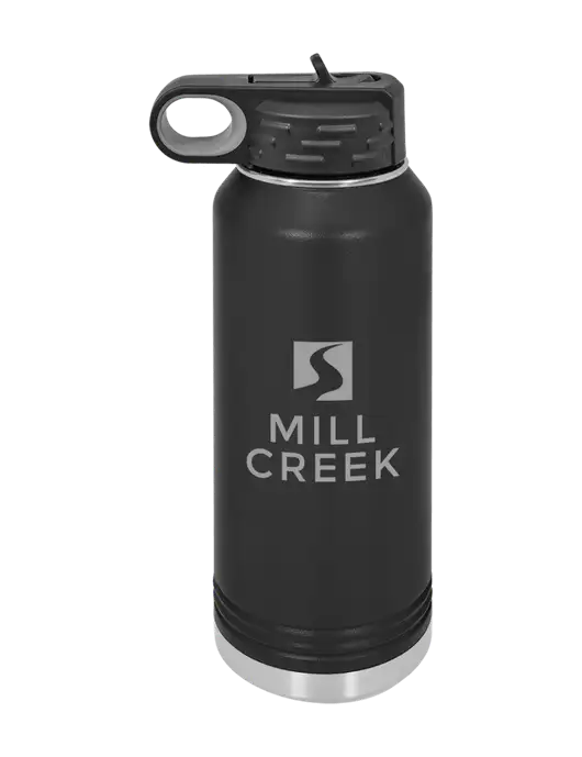 Polar Camel 32 oz Powder Coated Black Vacuum Insulated Water Bottle w/Mill Creek Renewables Logo