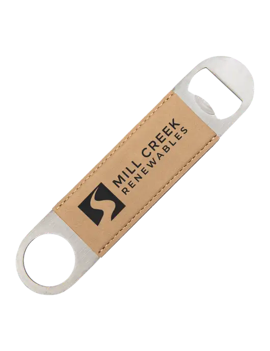 Tan Leatherette Bottle Opener w/Mill Creek Renewables Logo
