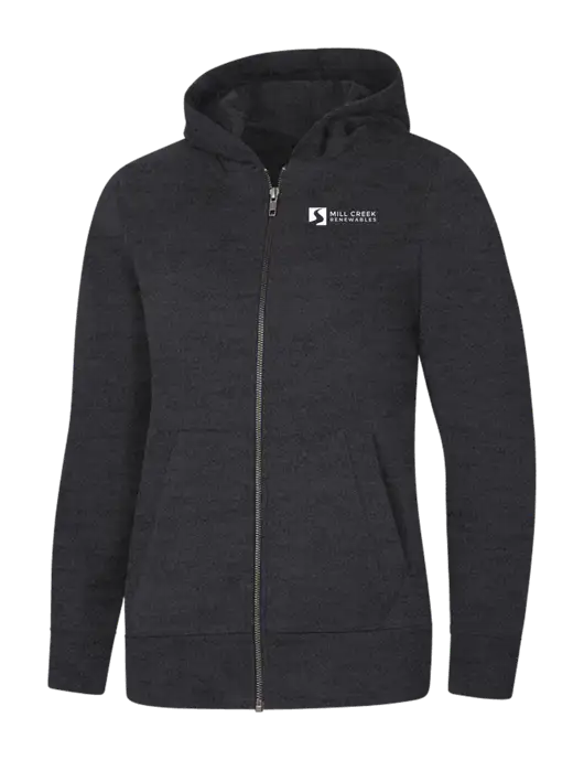 Womens Charcoal Heather Re-Fleece Full-Zip Hoodie w/Mill Creek Renewables Logo