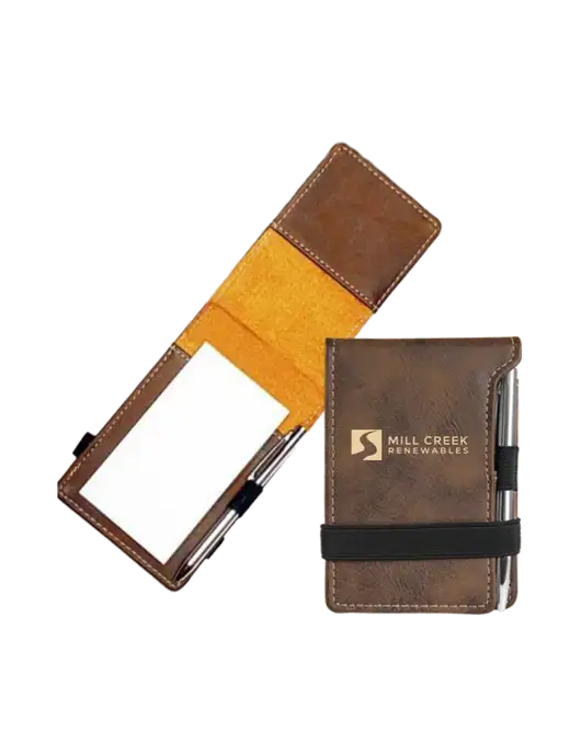 Rustic Leatherette Mini Notepad w/Pen, 3.25 x 4.75 w/Mill Creek Renewables Logo