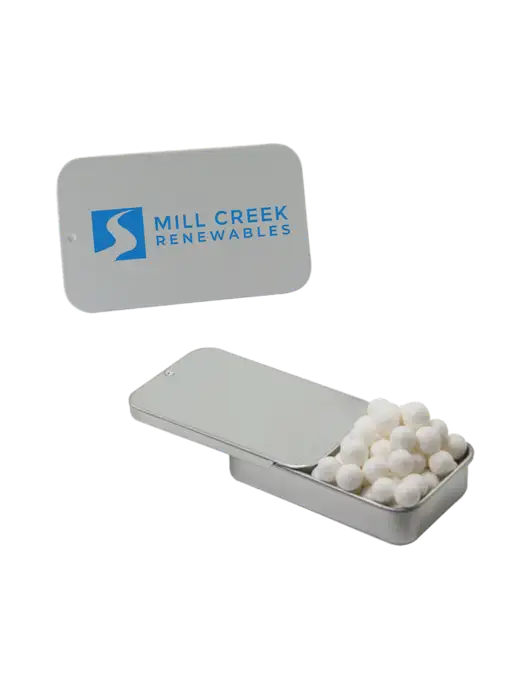 Signature Peppermints In Silver Slider Tin w/Mill Creek Renewables Logo