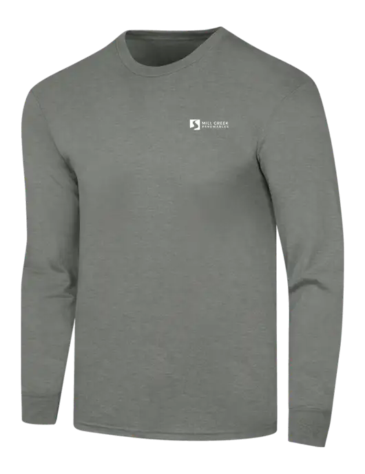 Simply Soft Long Sleeve Heathered Charcoal 4.5 oz, Poly/Combed Ring Spun Cotton T-Shirt w/Mill Creek Renewables Logo
