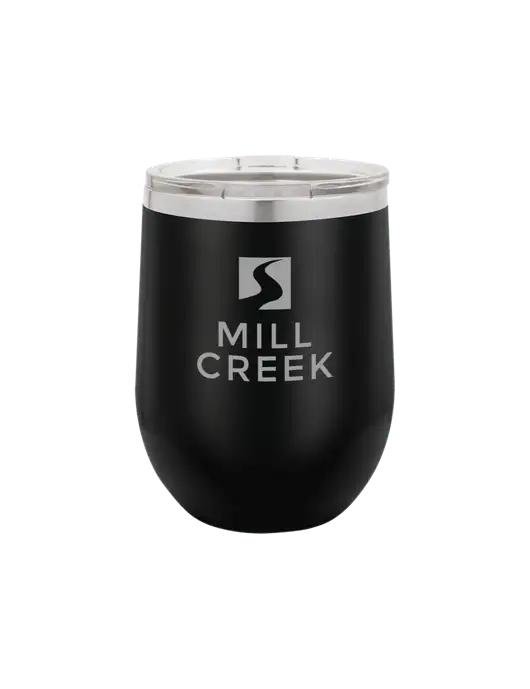 Polar Camel 12 oz Powder Coated Black Vacuum Insulated Stemless Wine Tumbler w/Mill Creek Renewables Logo