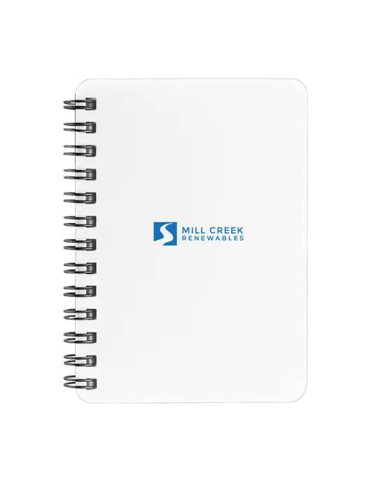 Sturdy White Hardcover Notebook, 5.25 x 7 w/Mill Creek Renewables Logo