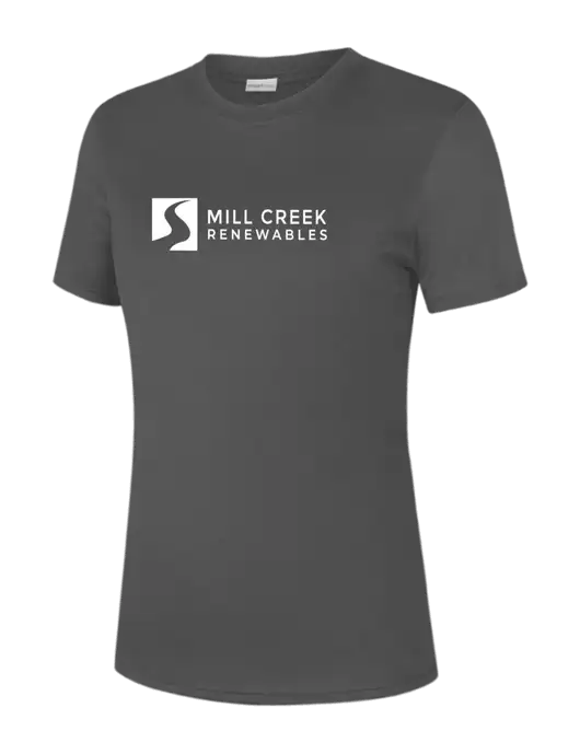  Womens Dark Grey PosiCharge Competitor Tee w/Mill Creek Renewables Logo